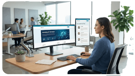 Professional working at a modern office desk with multiple monitors displaying Uhired
